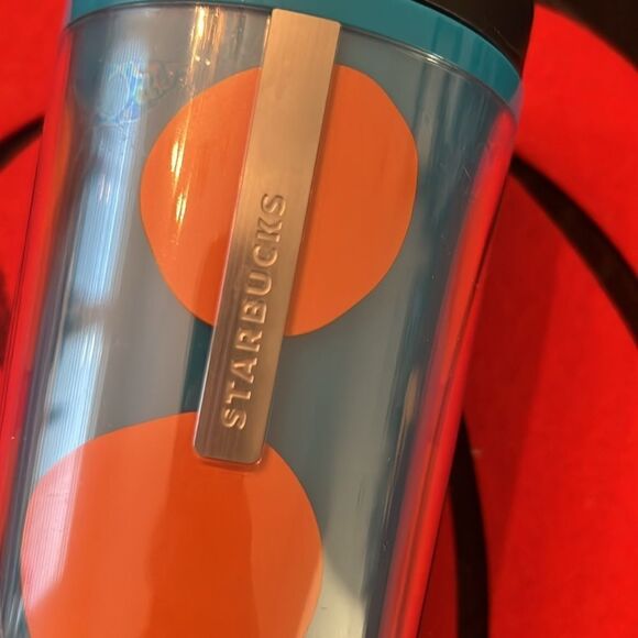 NWT Starbucks 2013 16oz turquoise w/orange pumpkins travel mug w/black slide top - Picture 3 of 9